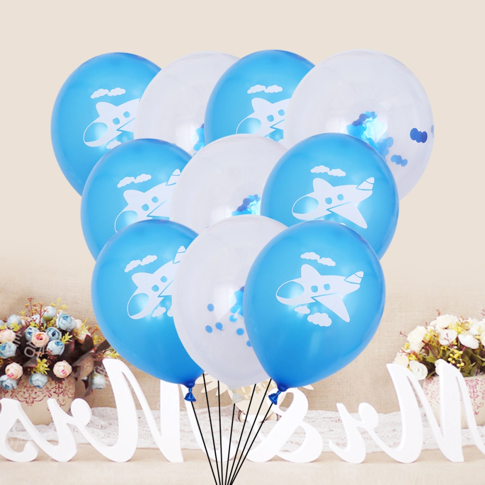 10PCS 12 Inches Cartoon Airplane Cloud Latex Balloons Confetti Balloons Set Party Decoration Party Supplies (Light Blue and Blue Sequins)