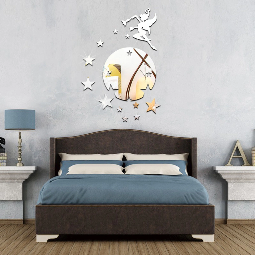 Angel Fairy Stars 3D Mirror Acrylic Wall Sticker Decal Kids Bedroom Decoration Home Decor (Silver)