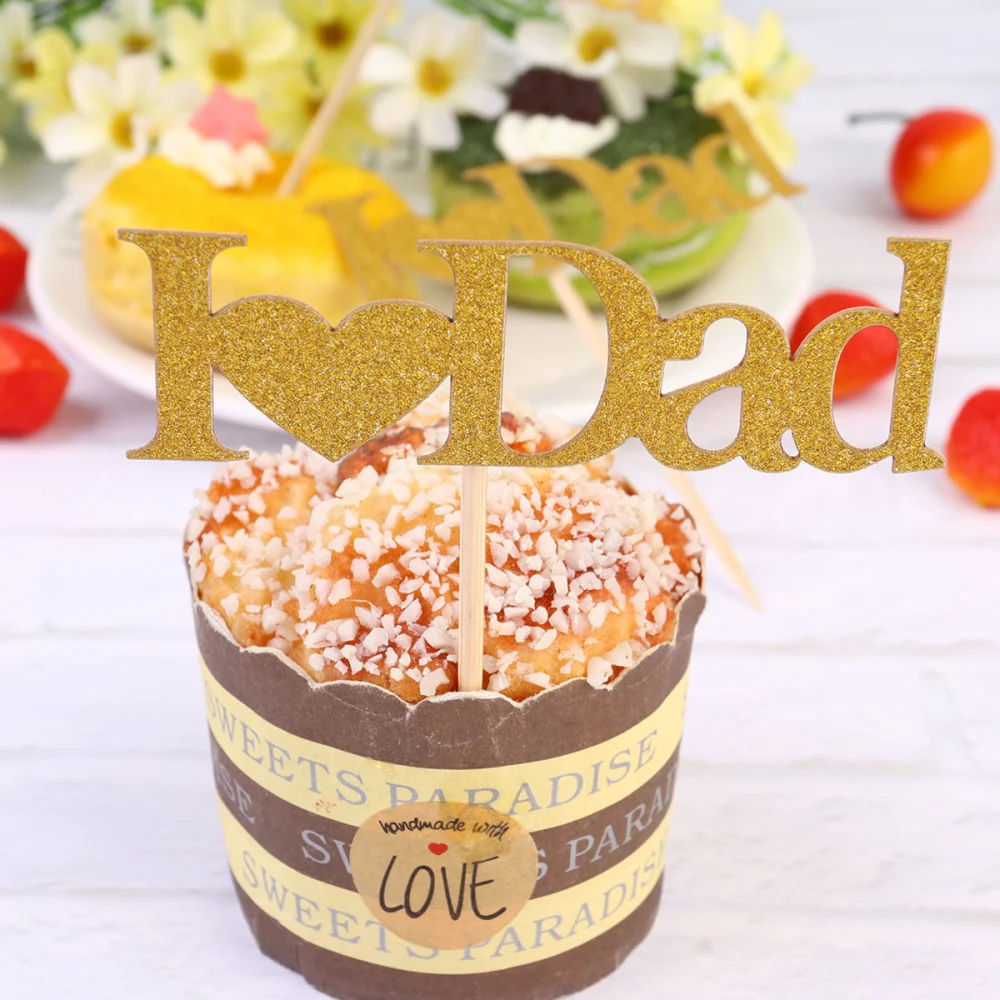 20pcs Fathers Day Cupcake Topper Letter Cake Pick Fashion Paper Cake Decoration Party Supplies for Party Celebration (Golden, Dad Pattern)