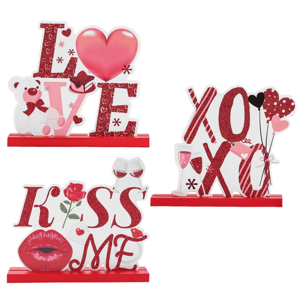 3Pcs Romantic Desktop Ornaments Valentine's Day Gift Wooden Art Crafts (Red)