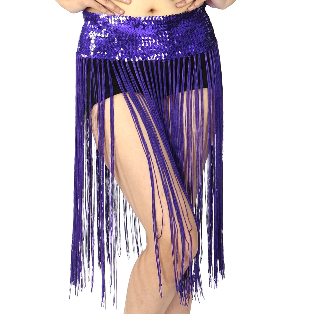 Lady's Belly Dance Stretch Sequins Fringe Tassel Brilliant Hip Scarf Clubwear Belt Skirt Free Size (Purple)