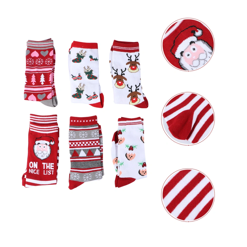 6 Pairs Lovely Xmas Elastic Socks Colorful Christmas Cotton Mid-calf Length Sock