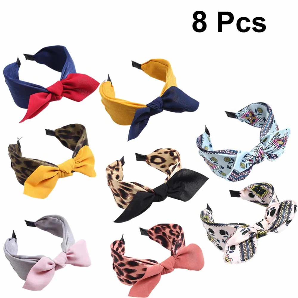 8Pcs Bowknot Hair Hoops Leopard Pattern Hair Band Multicolored Wide-Edge Headband Headdress for Girls Women Size M