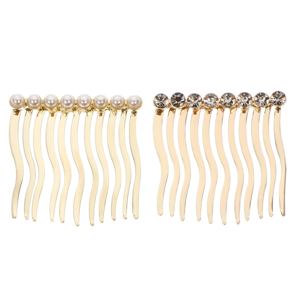 2Pcs Alloy Women Hair Combs Rhinestone Pearl Hair Clips All-match Headdress