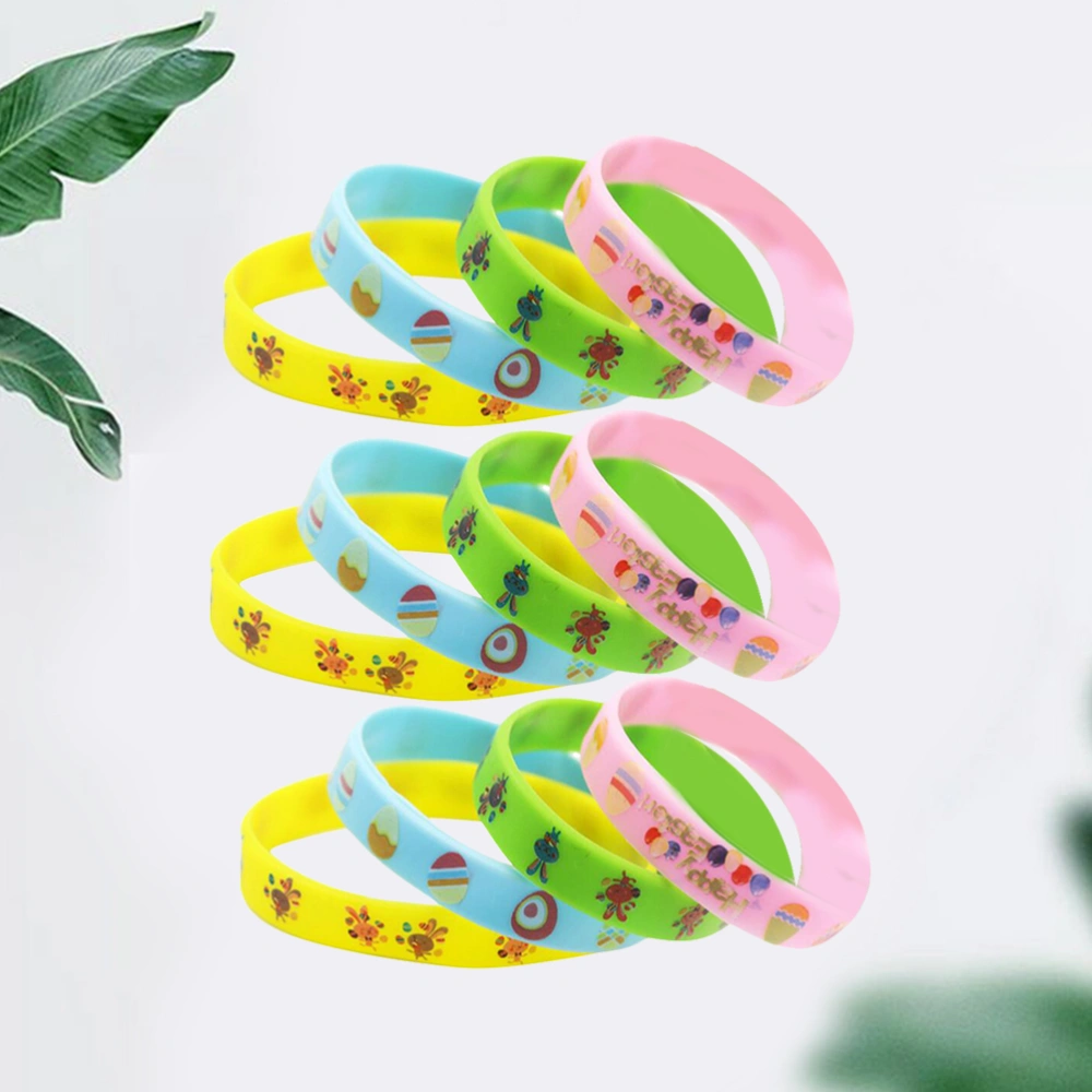 12PCS Easter Printed Silicone Wristbands Cartoon Easter Egg Printed Bracelet Creative Easter Bracelet Funny Easter Party Accessories for Kids Wearing Yellow+Green+Blue+Pink