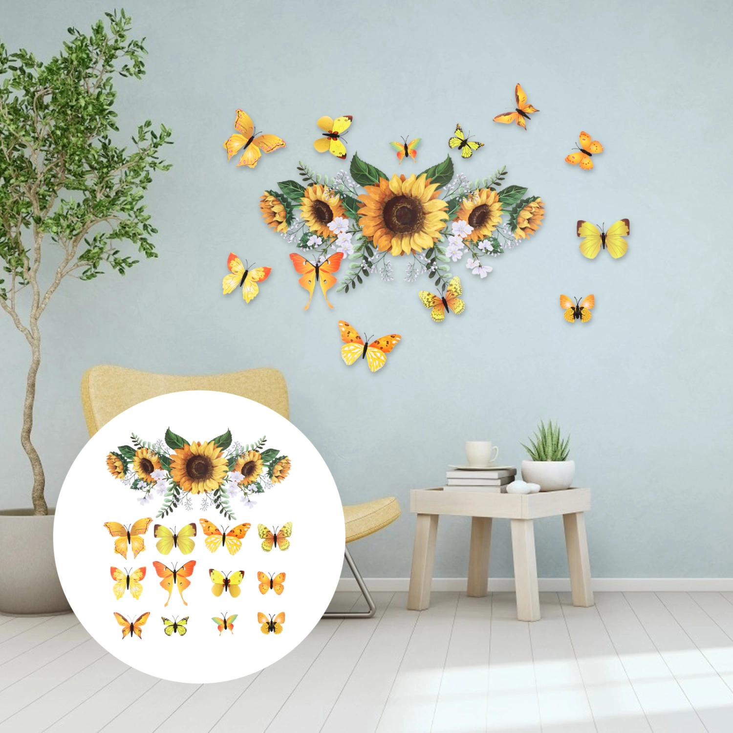 12pcs Wall Stickers with Sunflower Sticker Living Room Bedroom Sticker