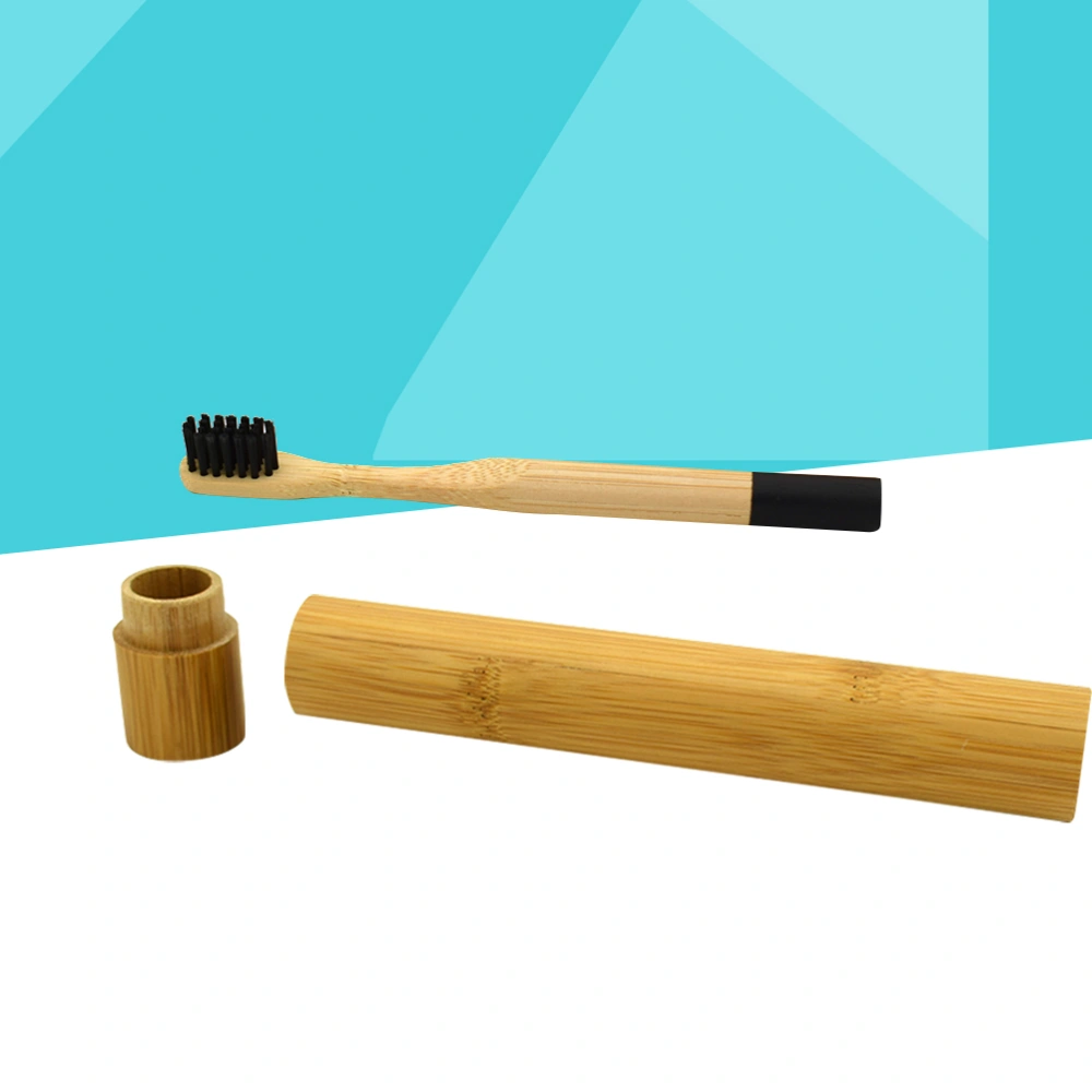 Natural Bamboo Toothbrush Biodegradable Wooden Eco-friendly Toothbrush with Bamboo Storage Tube(Black)