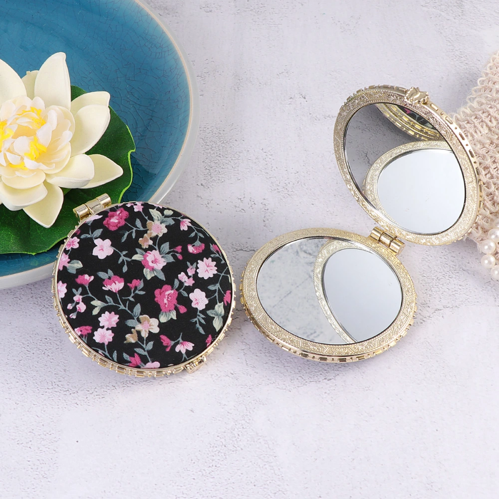 2pcs Double-sided Cosmetic Mirror Creative Folding Mirror Retro Cloth Printing Pocket Mirror Circular Makeup Mirror Black