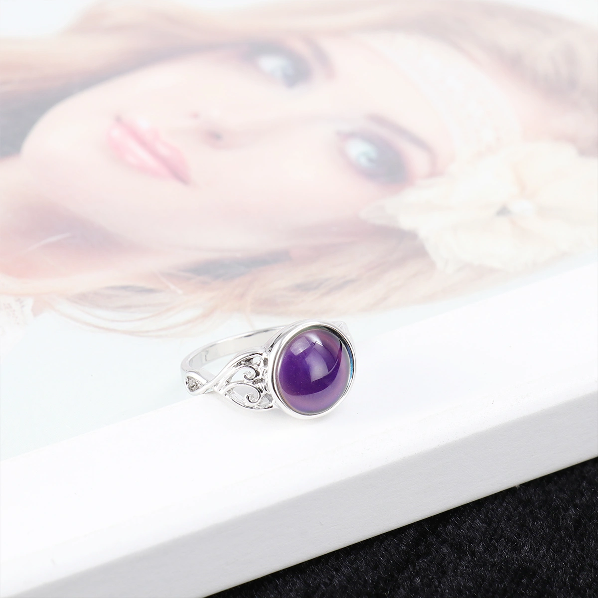Temperature Sense Discoloration Ring Vintage Round Engagement Ring Fashion Finger Ring Silver NO.7