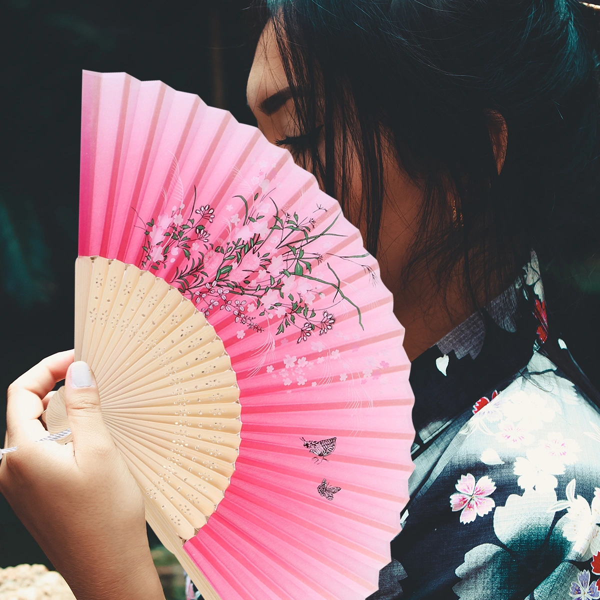 Japanese Style Folding Fan Handheld Fan Craft Dancing Performance Folding Fan (Rosy Background Flower Grass)