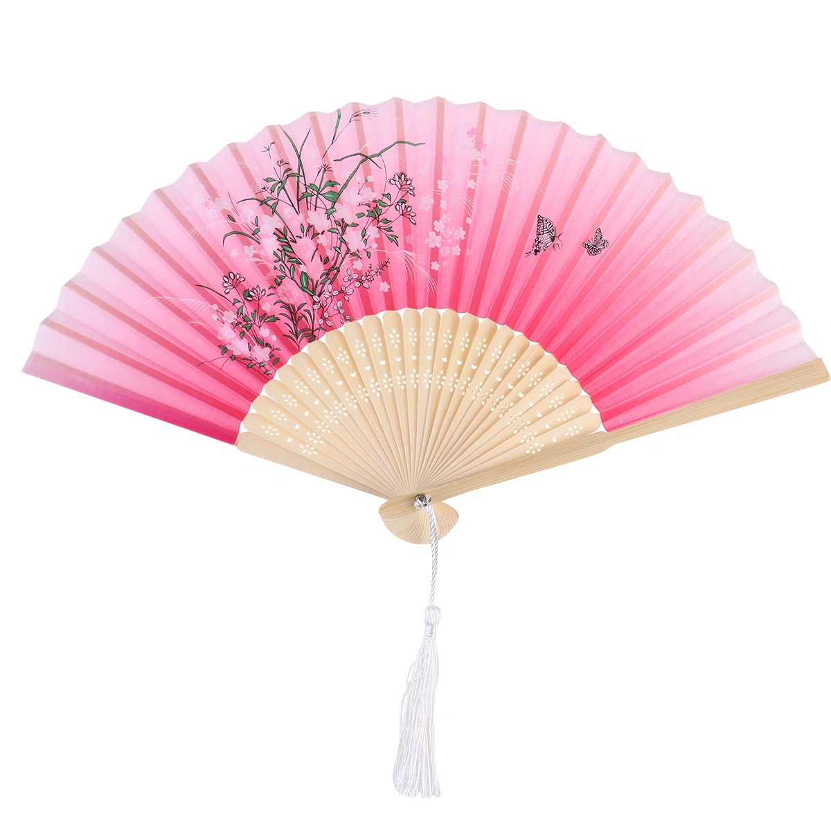 Japanese Style Folding Fan Handheld Fan Craft Dancing Performance Folding Fan (Rosy Background Flower Grass)