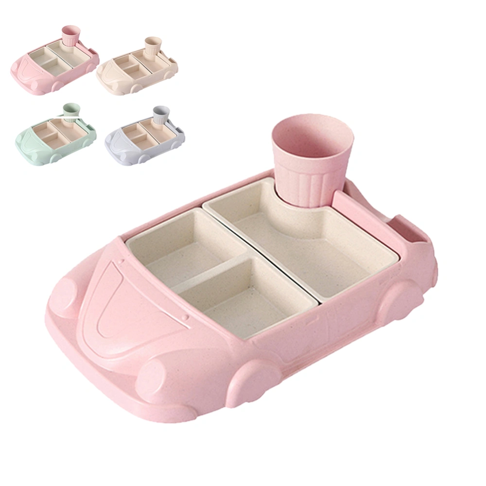 Creative Bamboo Fiber Plastic Car-Shaped Dinner Tray Drop-proof Rices Dishes Baby Separate Plates Children's Cutlery Set with Water Cup (Pink)