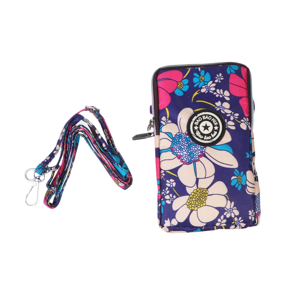 Zipper Phone Bag Flower Pattern Handbag Fashion Shoulder Bag Women Mobile Phone Bag Neck Hanging Bags for Travel Shopping Blue