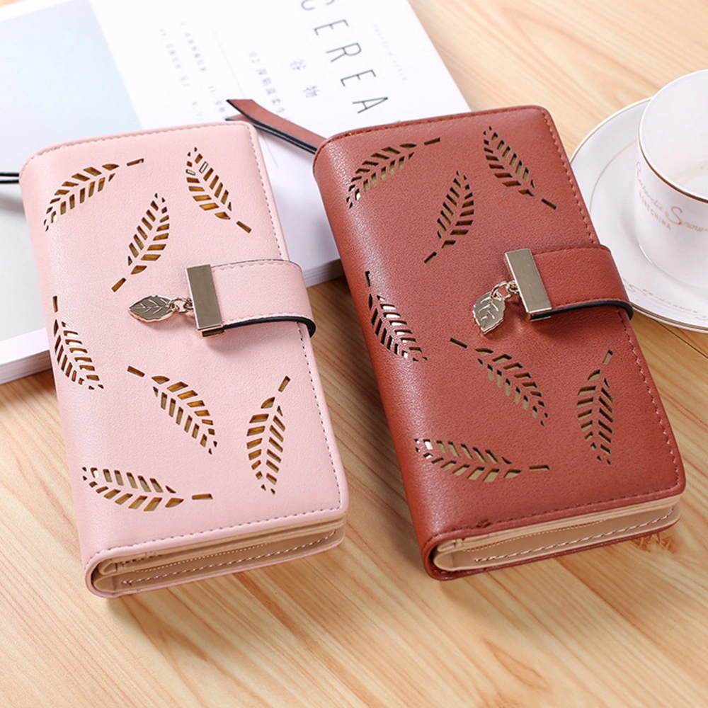 Women Buckle Clutch Wallet Hollow Leaves Long Leather Purse Elegant Clutch Wallet for Cash Holding (Pink)