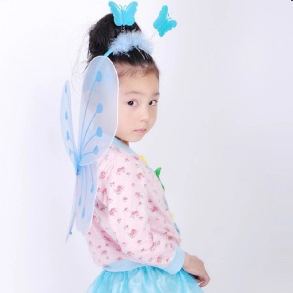 3pcs Girl's Costume Set Wings with Headband and Fairy Kids Performance Party Costume (Blue)