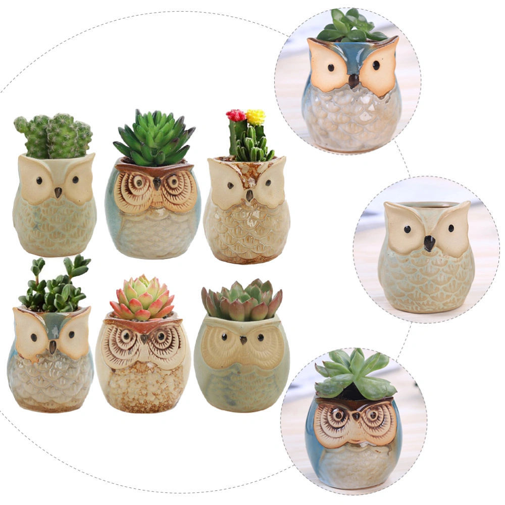 1 Set 6 Pcs Owl Animal Mini Flower Pots Ceramic Flowerpots Crafts Home Office Decors (Assorted Color)