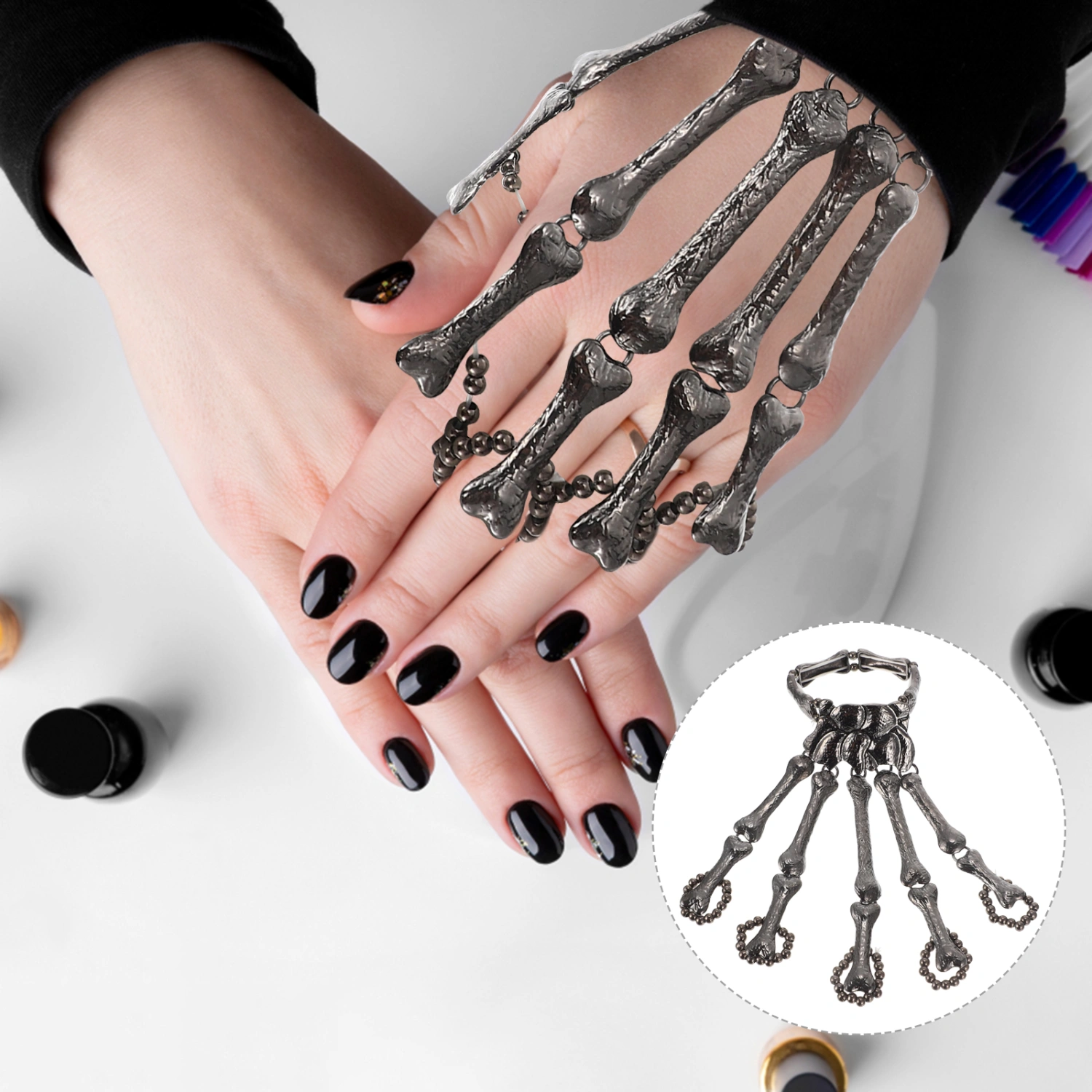 Skull Finger Bracelet Skeleton Hand Bracelet with Ring Skull Fingers Wristband
