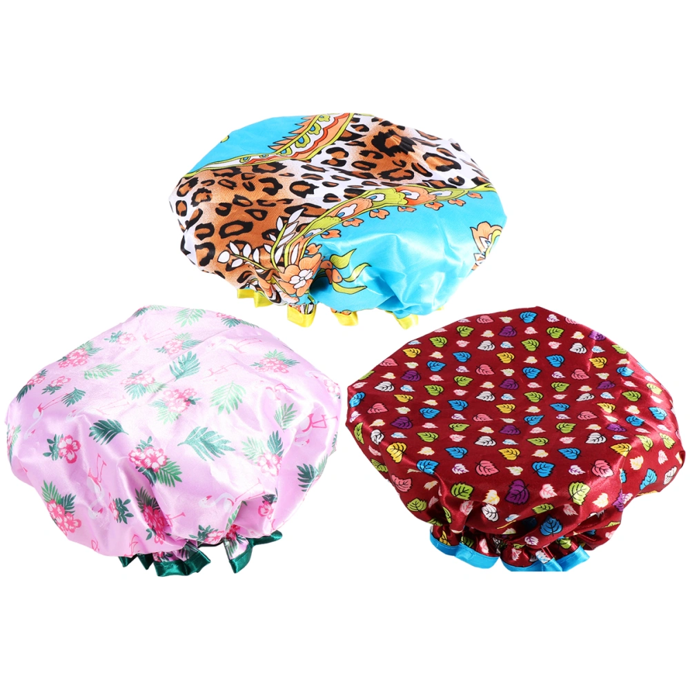 3Pcs Printed Bathing Caps Women Double-Layers Waterproof Caps PEVA Shower Caps (Colorful Leaves, Flamingo, Leopard Print)