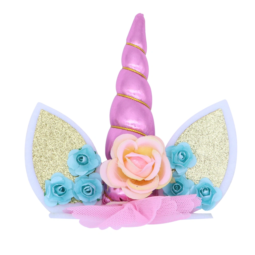 Unicorn Cake Topper with Flower Decorative Cake Decoration Party Supplies for Birthday Baby Shower Unicorn Theme Party (Pink)