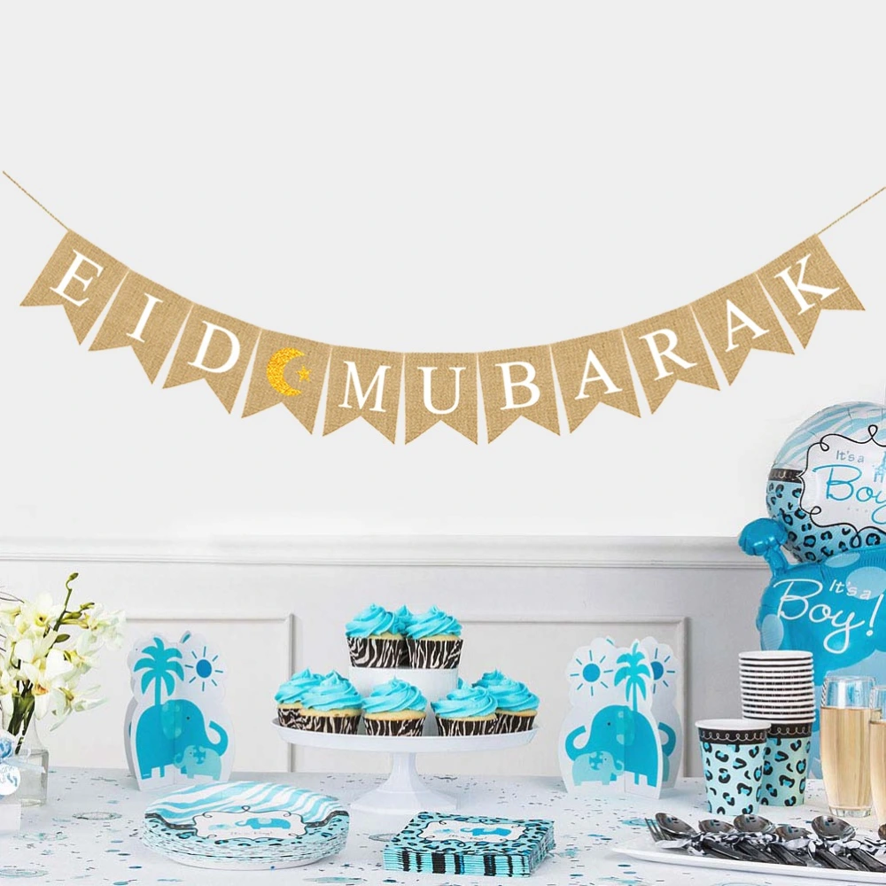 Muslim Ramadan Bunting Banner Eid Decorative Burlap Banner Linen Swallowtail Pull Flag Party Supplies (EID MUBARAK)