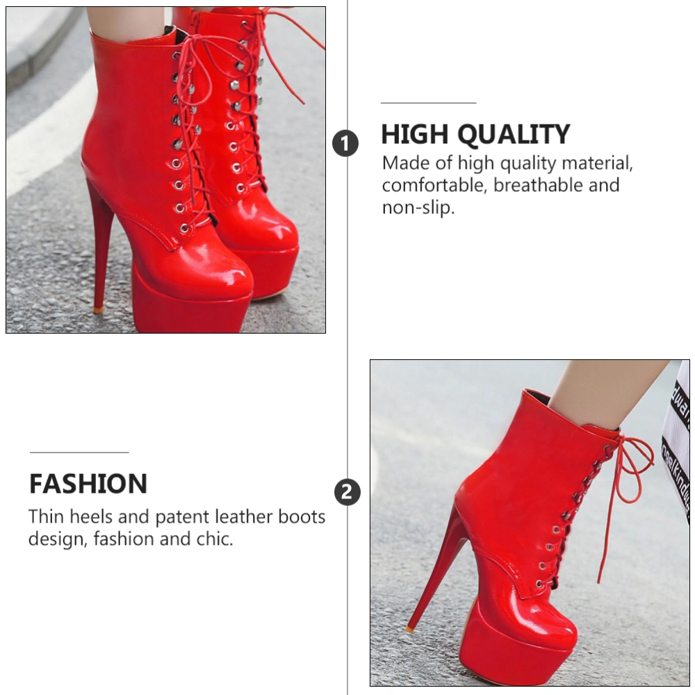 1Pair Stage Short Boots Woman Patent Leather Shoes High-Heel Boots Lacing Boots