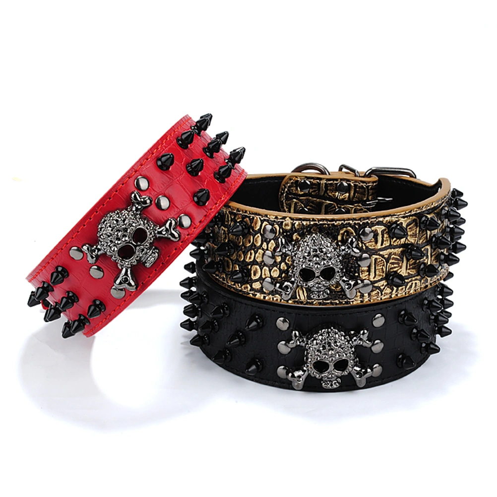Skull Style Round Spike Studded PU Adjustable Pet Dog Puppy Safety Collar - Size XS (Black)