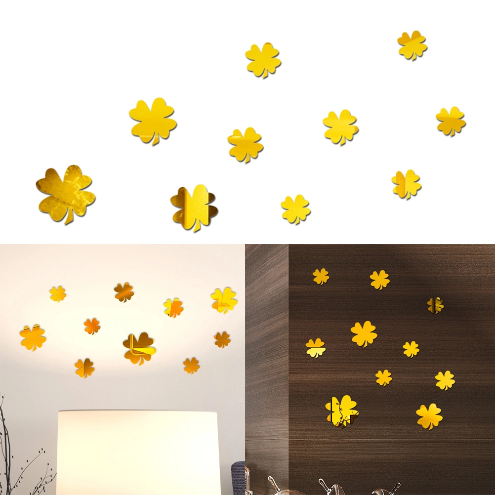 Four-leaf Clover Mirror Wall Sticker Acrylic 3D Crystal Mirror Sticker Wall Decal for Home Living Room Bedroom(Golden)