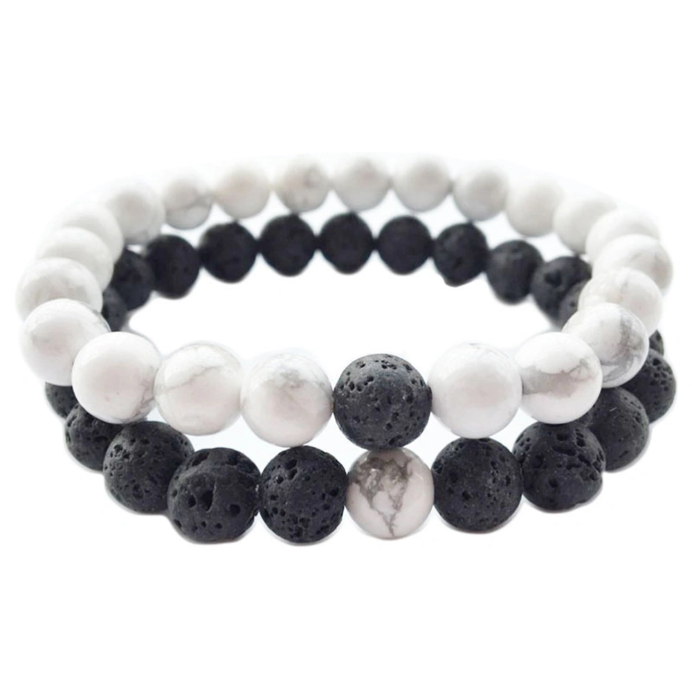 8mm White Turquoise Black Lava Stones Distance Bracelet for Couples (Black and White)