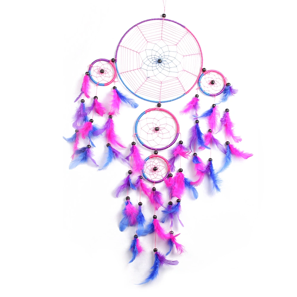 Five Circular Dream Catcher Feather Wall Hanging Ornament for Car Wedding Home Decoration (Red)