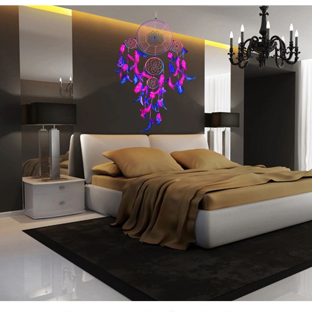 Five Circular Dream Catcher Feather Wall Hanging Ornament for Car Wedding Home Decoration (Red)