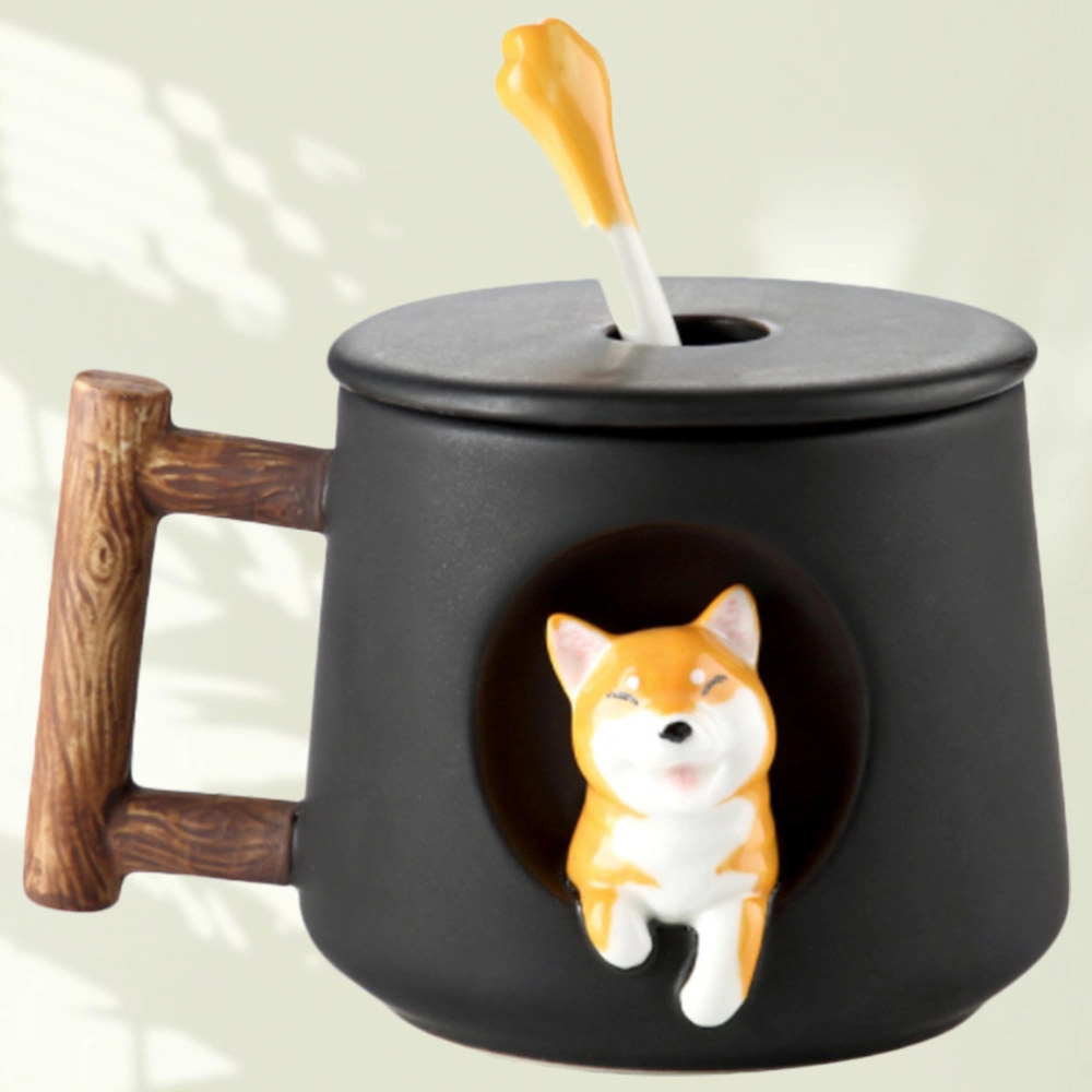 Dog Cup Ceramics Mug Funny Durable Cup Storage Cup with Cover Spoon for Home Office (Black)