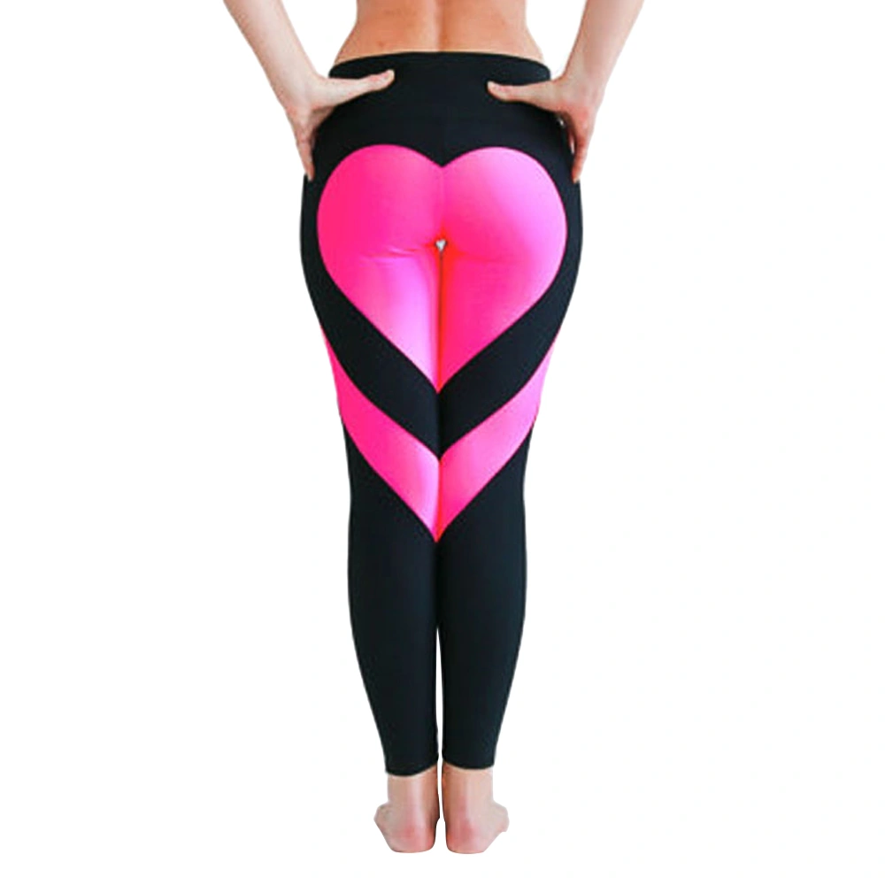 Women Buttocks Heart Pattern Yoga Pants Workout Sports Gym Leggings Running Pants - Size M (Black and Pink)