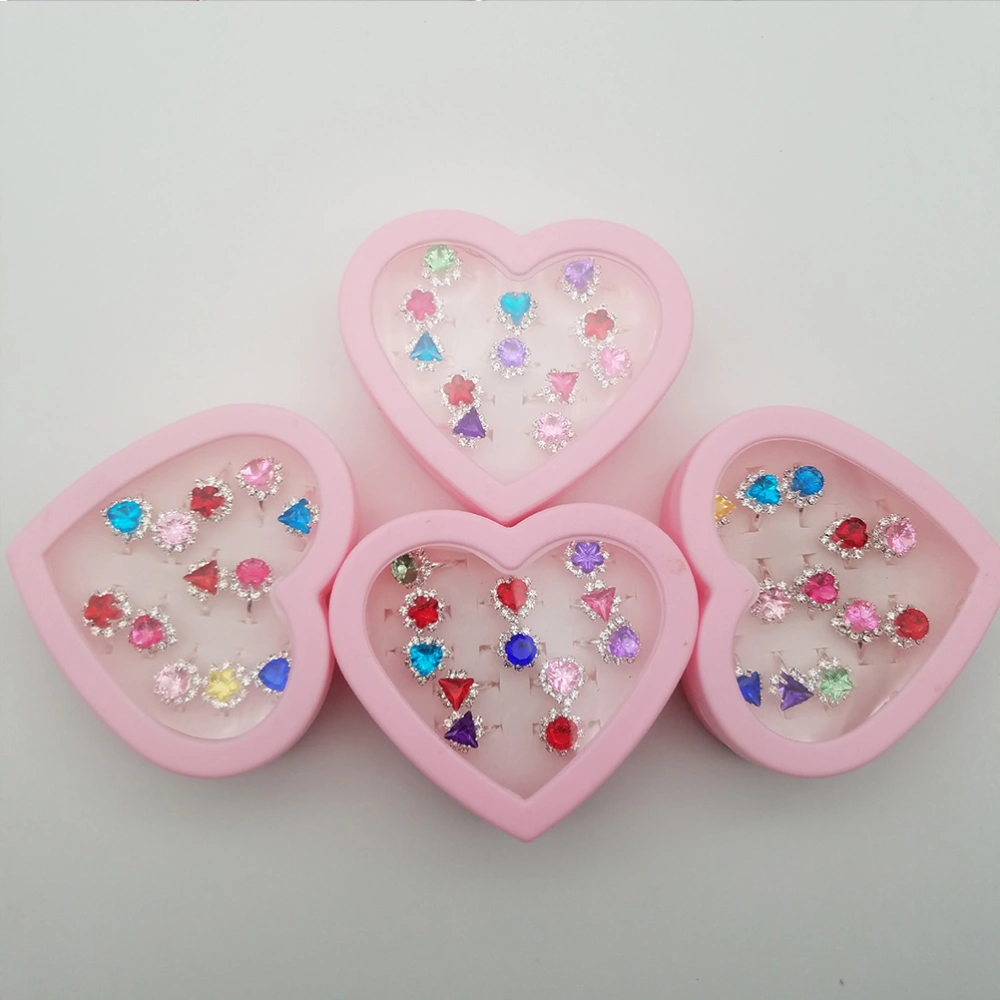 12PCS Heart Boxed Children's Diamond Ring Colorful Rhinestone Rings Set Gift With Heart-Shaped Box for Kids Girls Children