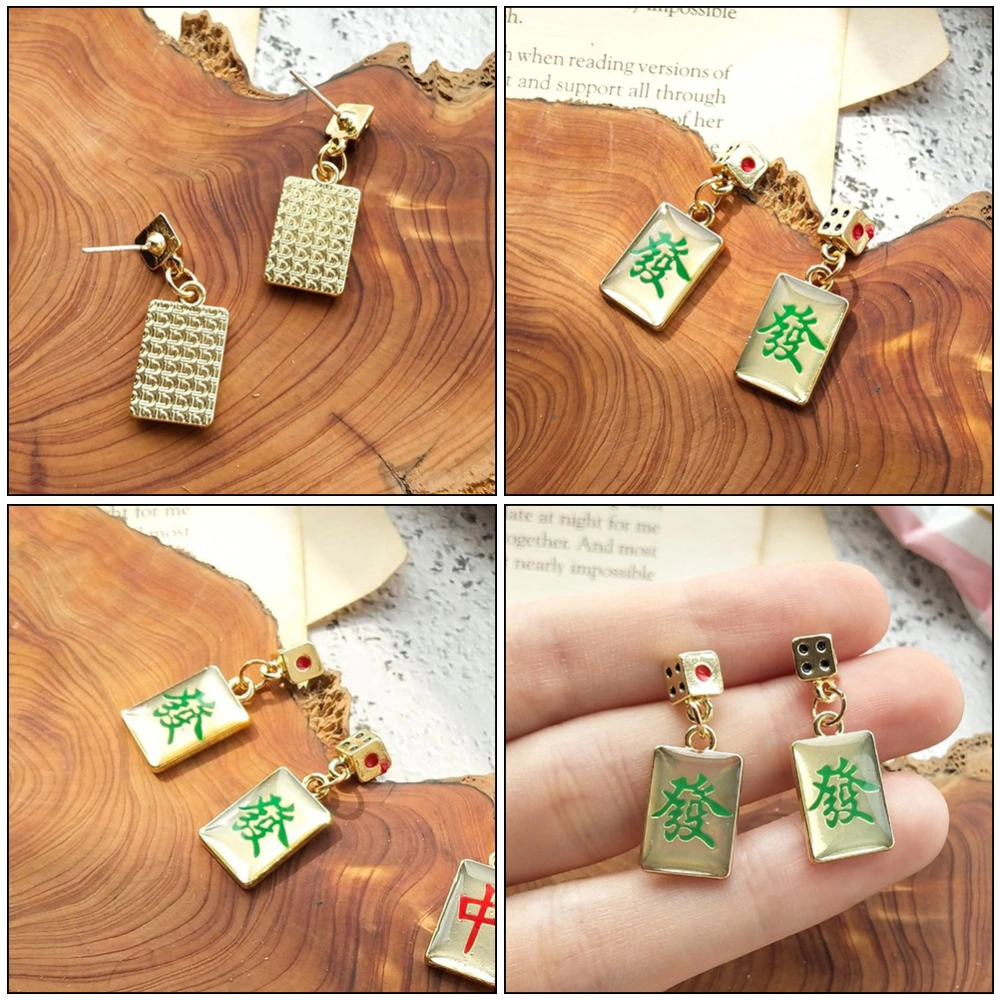 1 Pair Funny Silver Needle Mahjong Earrings Creative Dice Ear Rings Decor