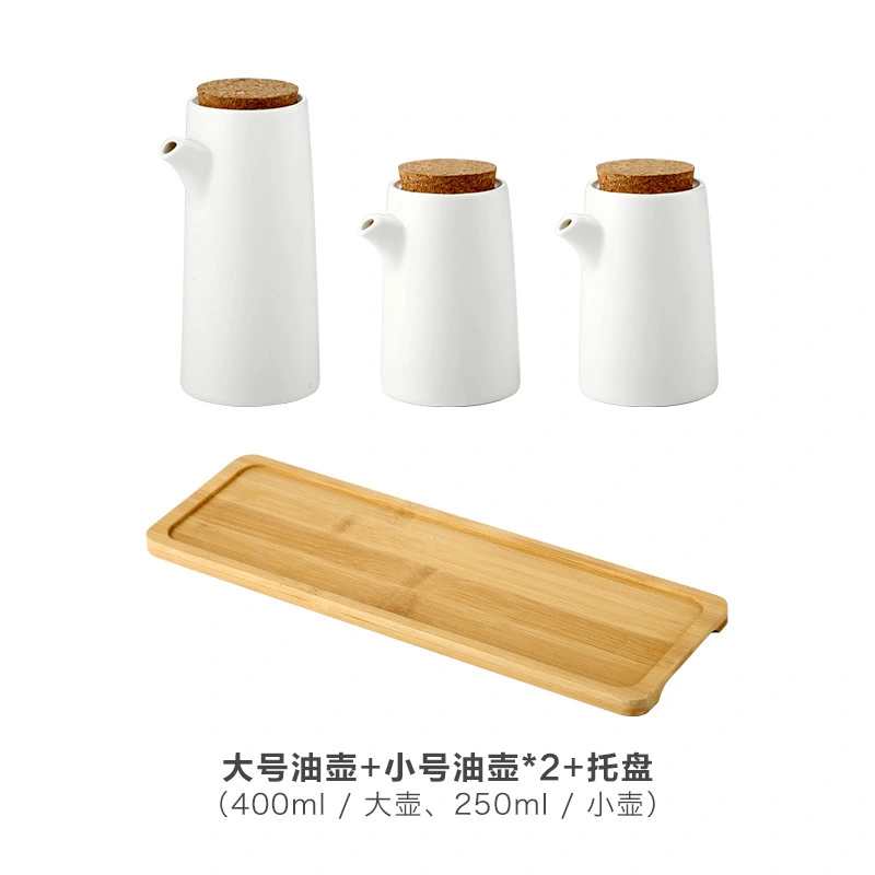 1 Set of Ceramic Vinegar Bottle Household Sauce Pot Soy Sauce Dispenser Cooking Oil Bottle with Tray