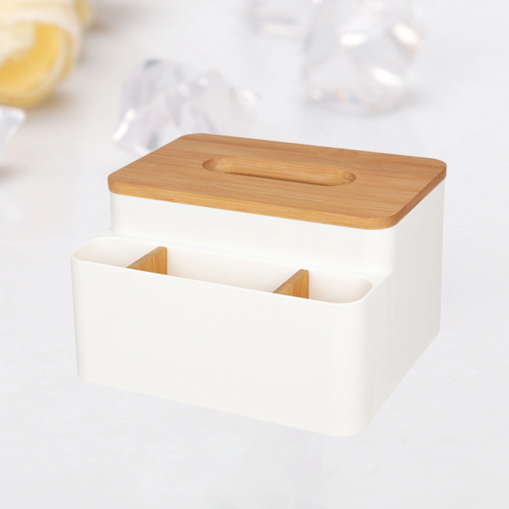 Plastic Multifunction Tissue Boxes Desktop Bamboo Cover Napkin Box Organize Holder for Home Office (White)