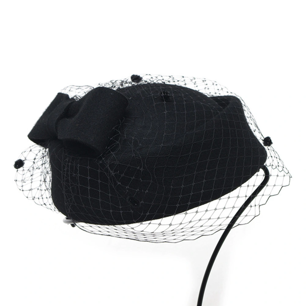 Women Lady Dress Fascinator Wool Felt Pillbox Hat with Bow and Veil (Black)