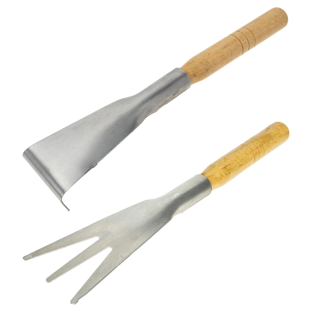 2Pcs Gardening Trowels Vegetable Flower Planting Shovels Wooden Handle Three-teeth Shovels