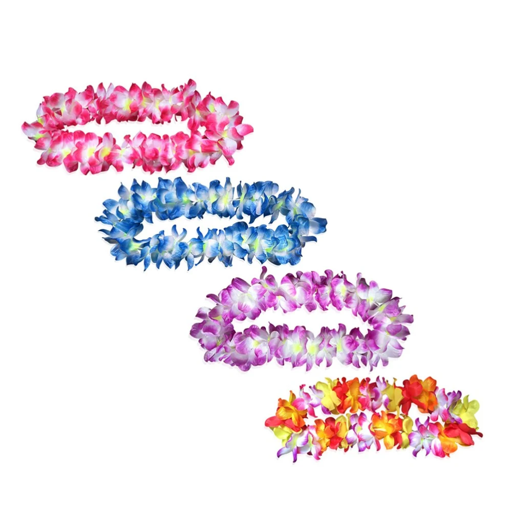 4pcs Hawaiian Leis Hula Dance Garland Artificial Flowers Neck Loop (Colorful, Rose Red, Blue and Purple)