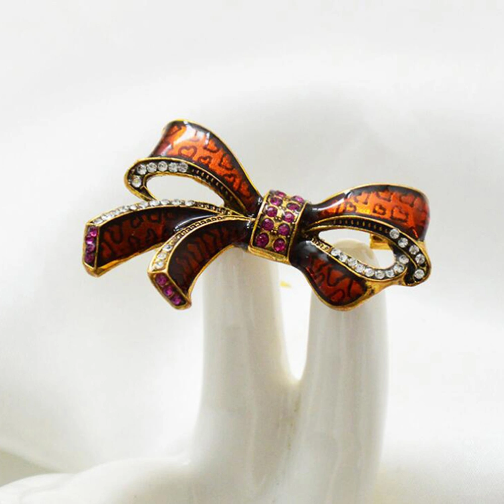 Antique Gold Brooch Rhinestone Artificial Crystal Bowknot Breastpin Accessories for Women Girls