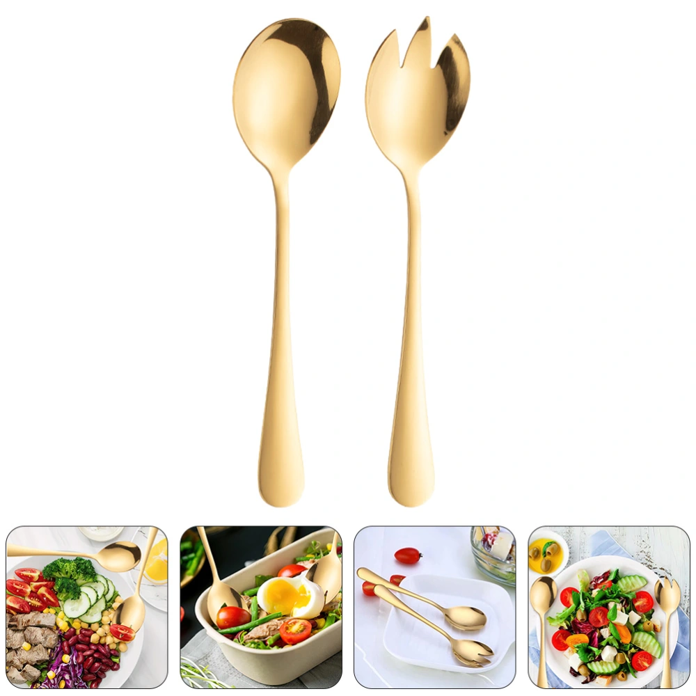 2Pcs Stainless Steel Serving Spoons Fruit Salad Spoons Salad Fork (Golden)