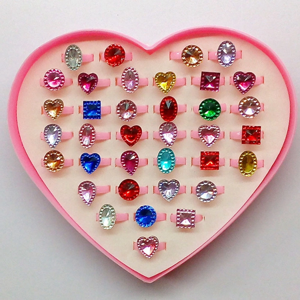 36pcs Colorful Children Rings Sparkle with Heart Shape Display Case for Kids Birthday Party Favors (Random Color and Pattern)