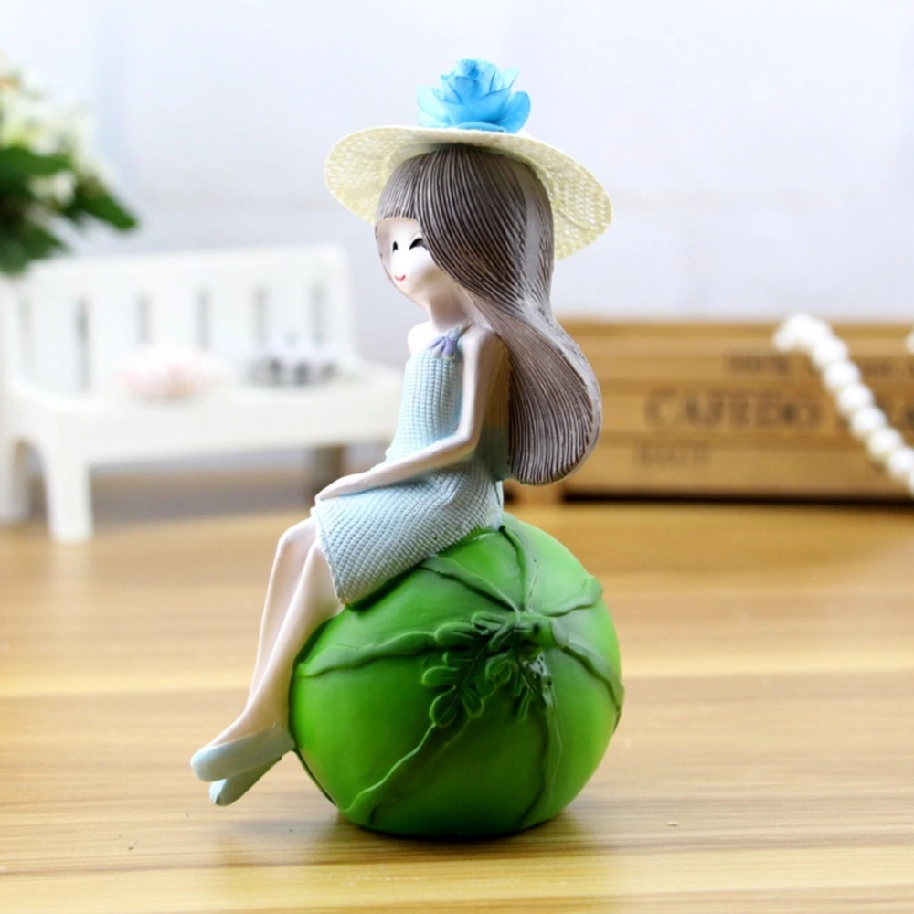 Doll Piggy Bank Coin Bank Resin Beautiful Girl Fruit Figurine Money Box Saving Pot Ornaments Decoration Desktop Crafts Home Decor (Size S Watermelon, Random Pattern of the Flower in the Hat)