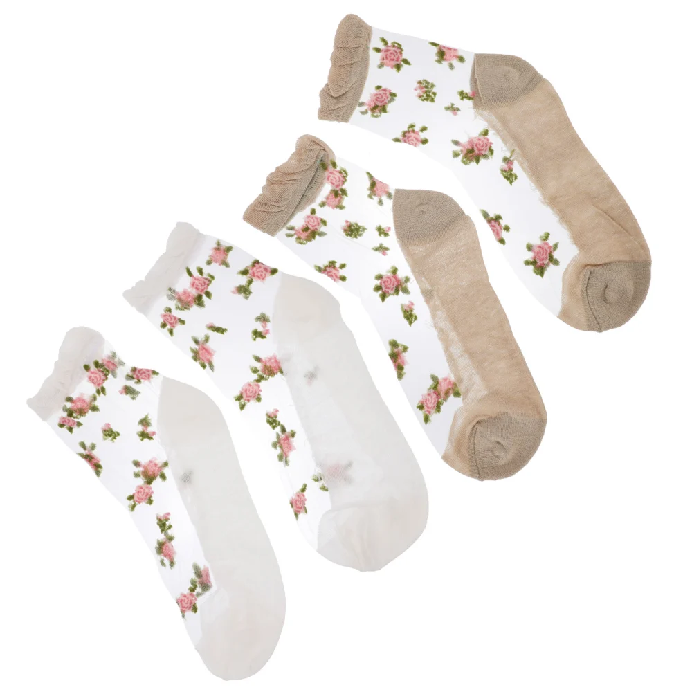 2 Pairs Women Mid-calf Length Socks Cotton Middle Tube Stocking Floral Thin Sock