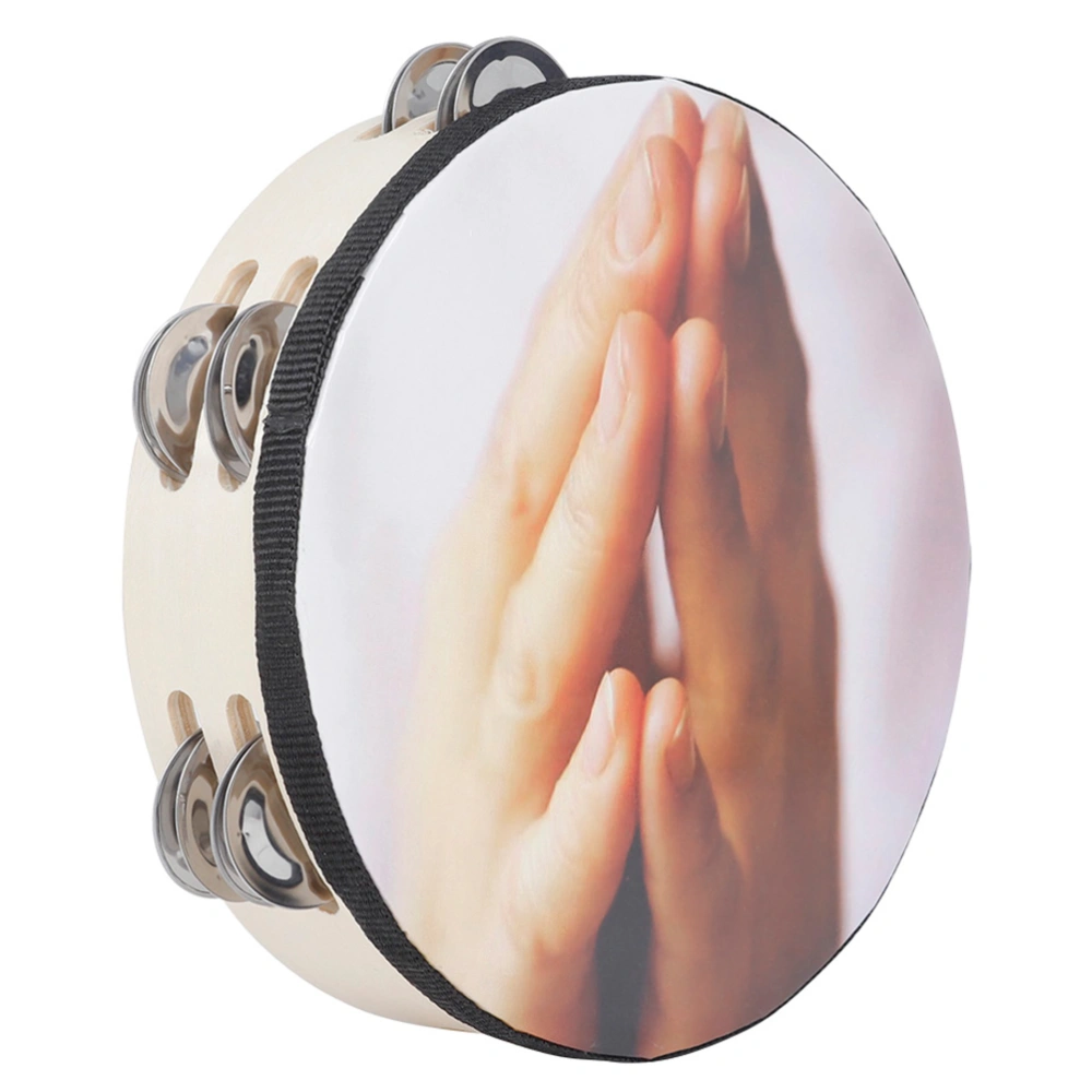 1Pc Tambourine 8 Inch Palm Pattern Double Layer Hand Held Tambourine Drum Bell Jingles Percussion Musical Educational Toy (White)