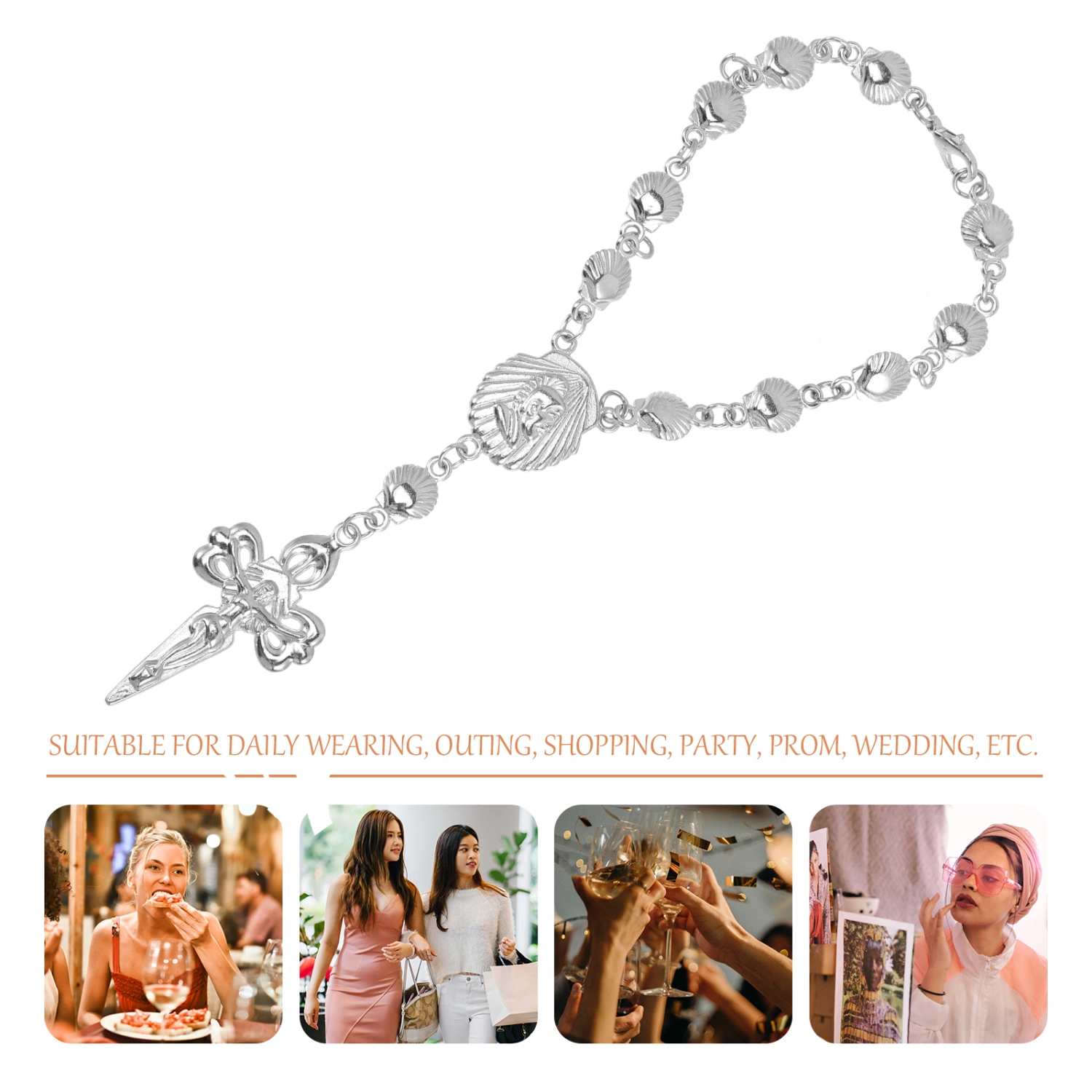 Metal Shell Rosary Bracelet Cross Charm Bracelet Vintage Bracelet Wrist Chain