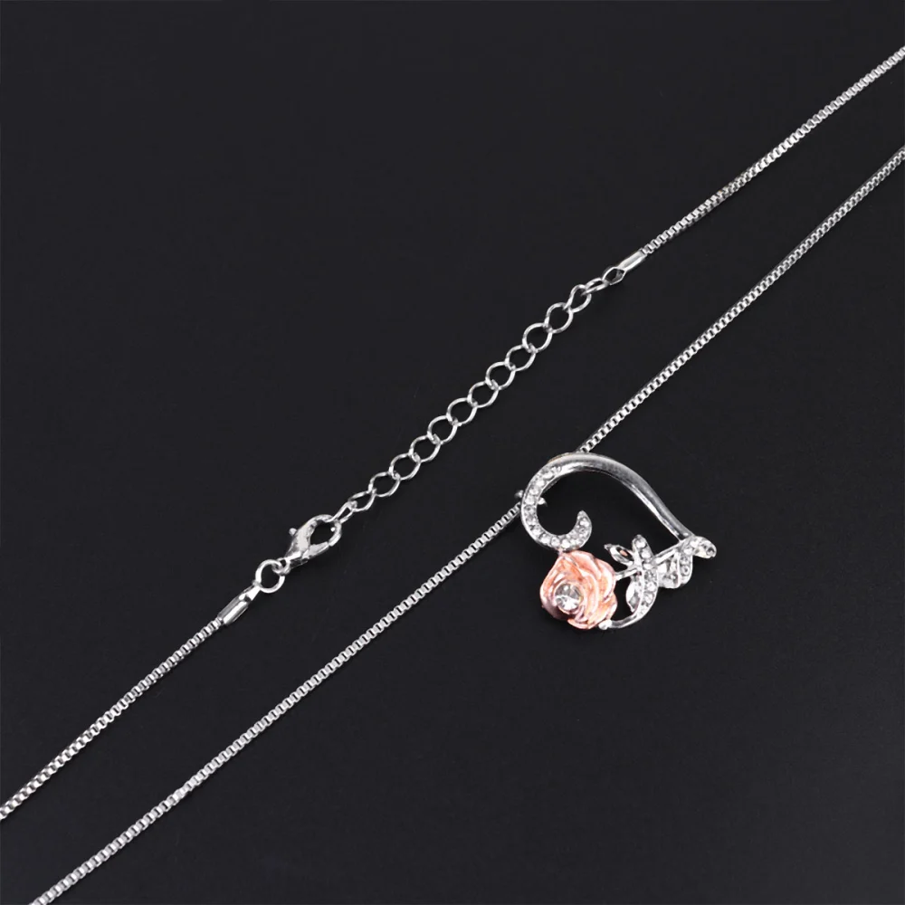 2pcs Creative Love Shape Necklace Rhinestone Rose Pendent Exquisite Alloy Jewelry Valentines Day Gift Female Neck Ornaments 