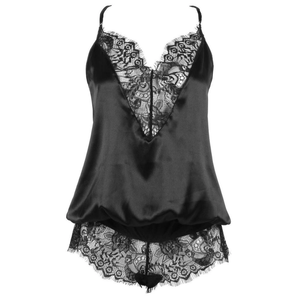 Sexy V-neck Lace One-piece Vest Underwear Lingerie G-string Underclothes for Women Size S (Black)