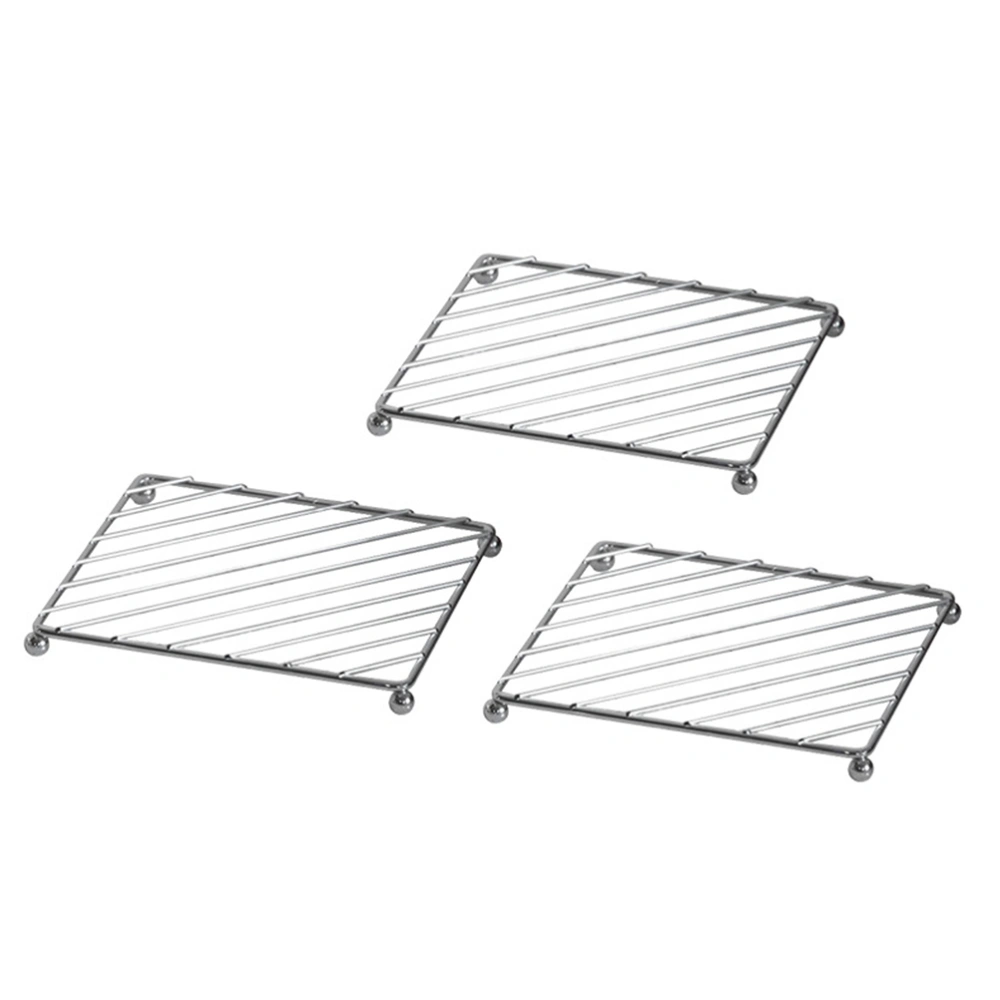 3pcs Stainless Steel Coaster Cup Mats Pads Square Kitchen Tools Non-slip Pad Table with Holder Metal Insulation(Silver)