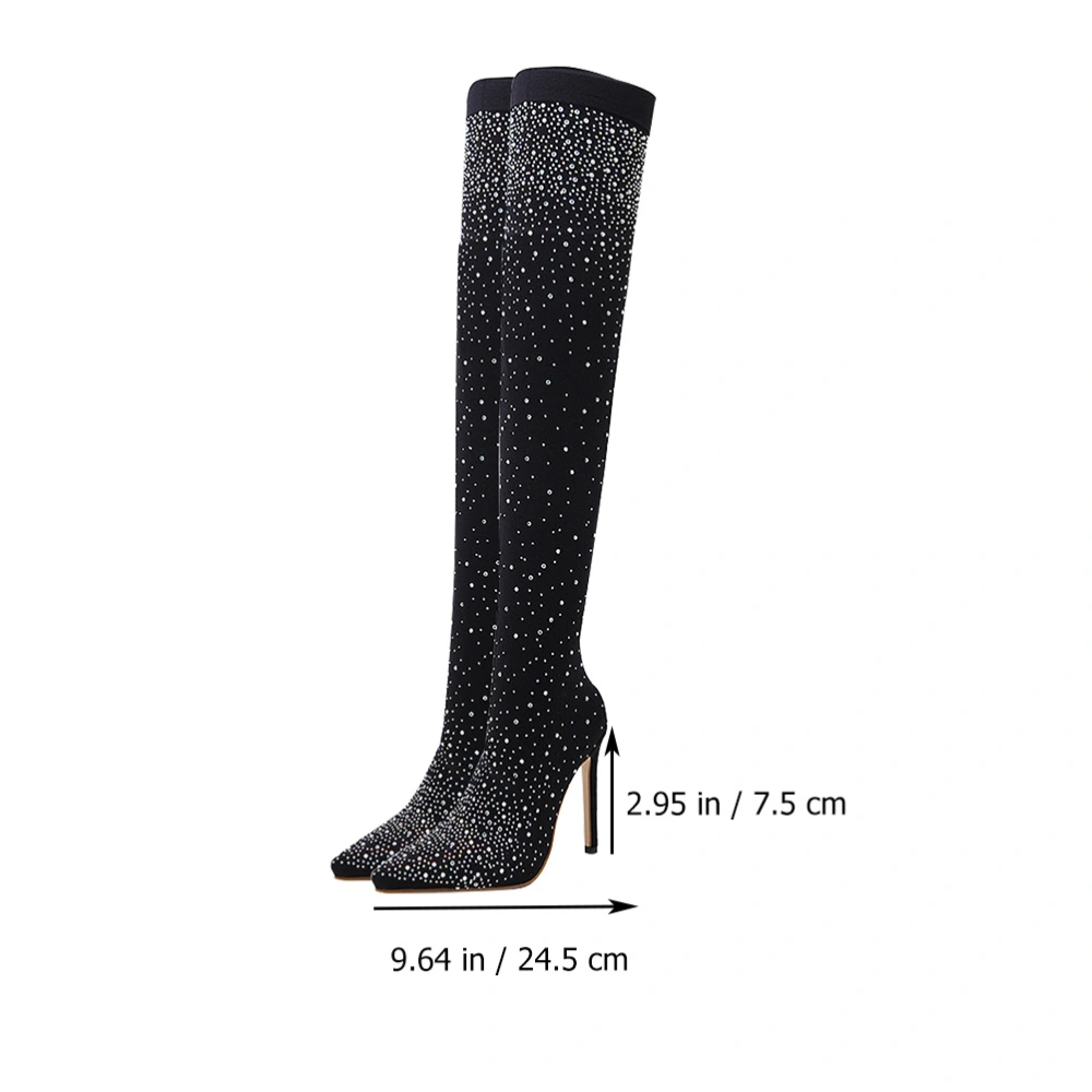 1Pair Pointed Head Boots High Heels Shoes Woman Rhinestone Boots (Black)